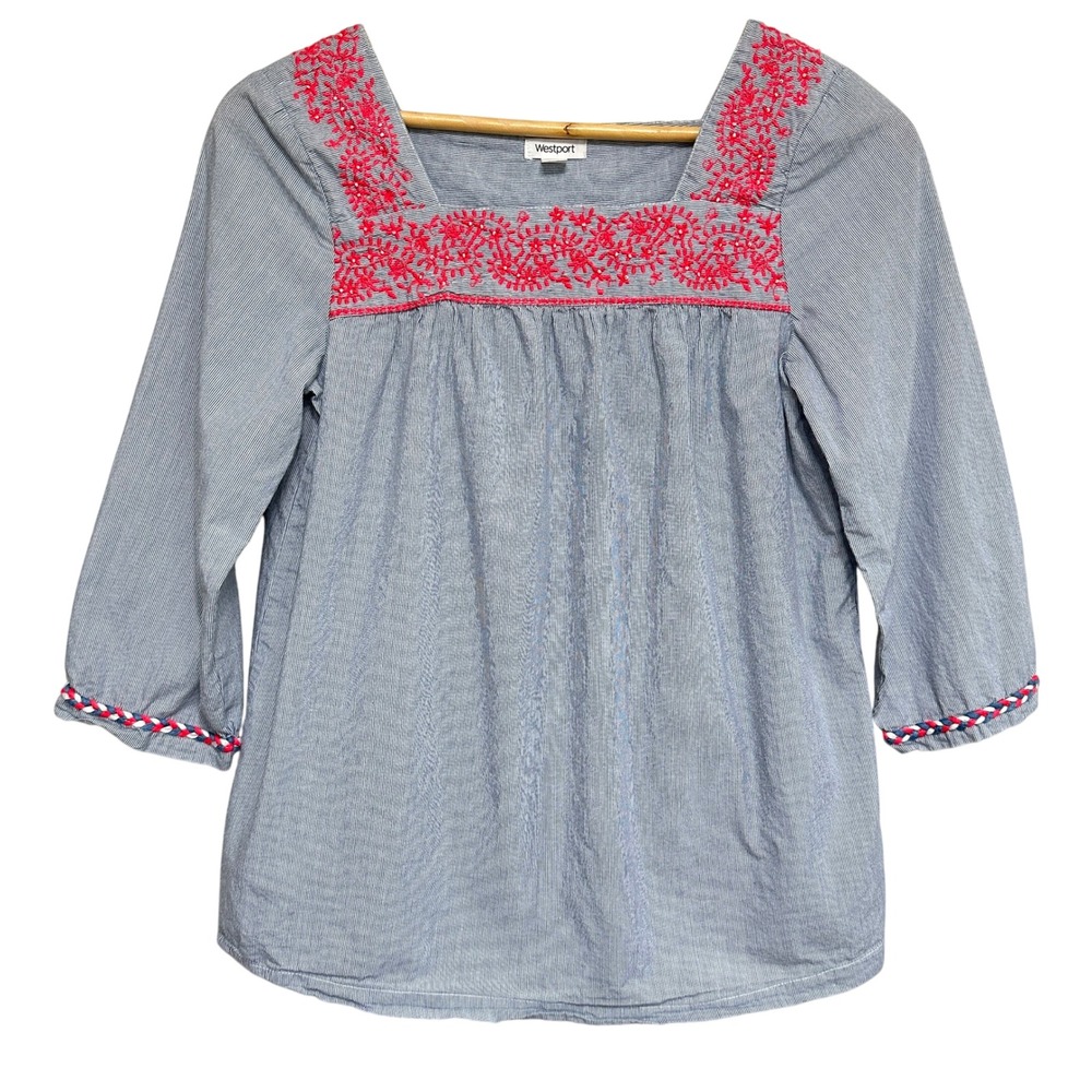 Westport Embroidered Peasant Top Womens S Striped 3/4 Sleeve Blouse Boho Chic